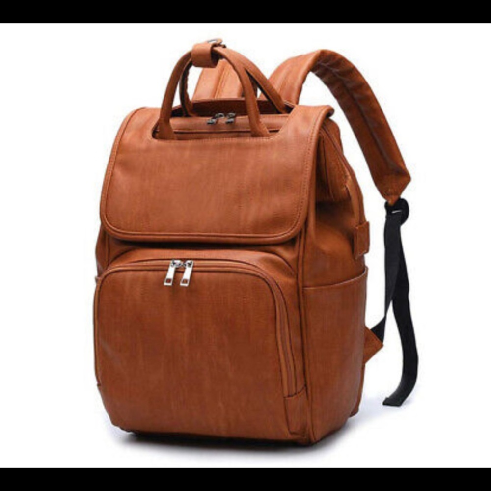 Brown Vegan Leather Diaper Backpack w Hooks